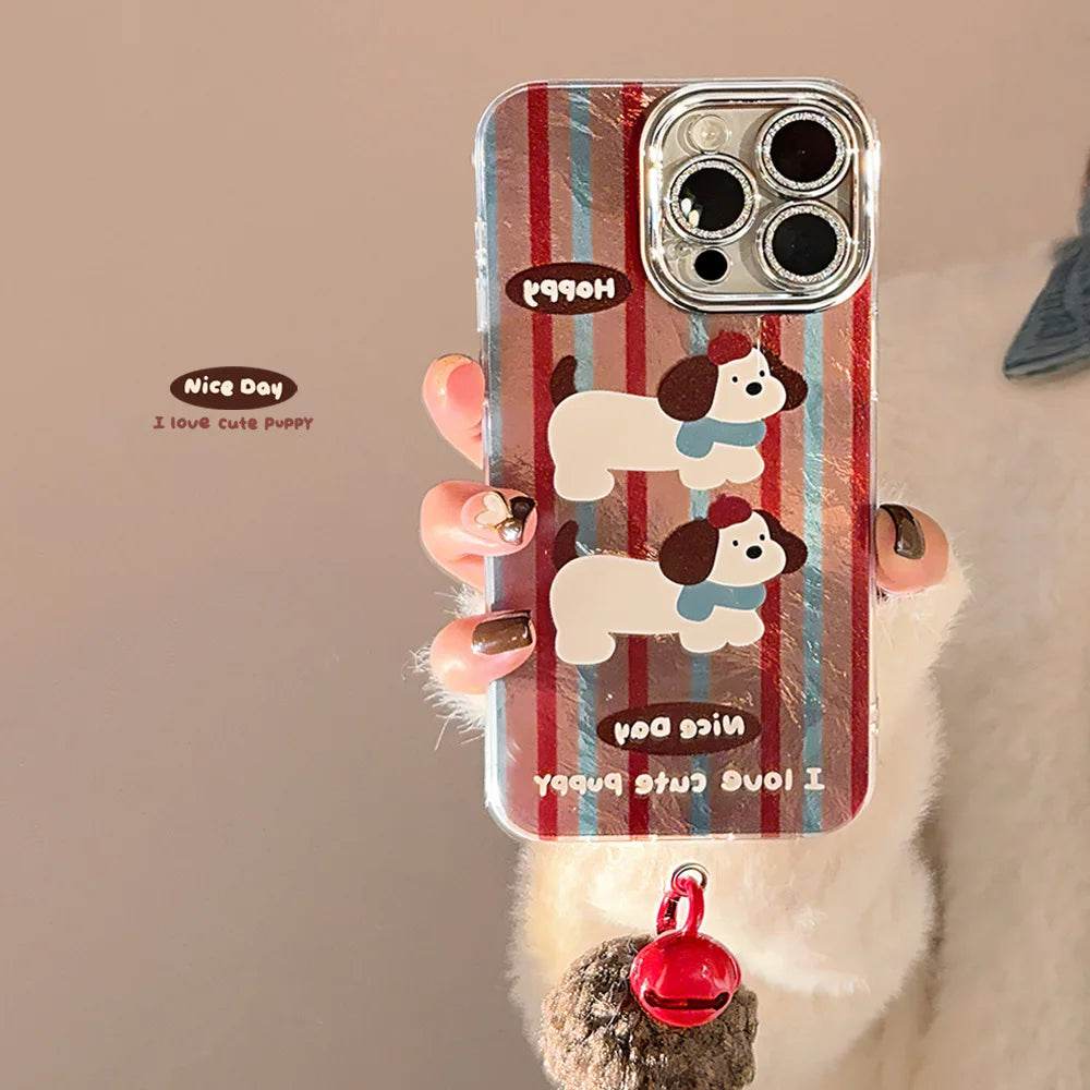 Cute Phone Cases For iPhone 16, 15, 14, 13, 12, 11 Pro Max, 16 Plus - Cartoon Puppy - Stripes Art - Bell Plush Ball Pendant - CC1240 - Touchy Style