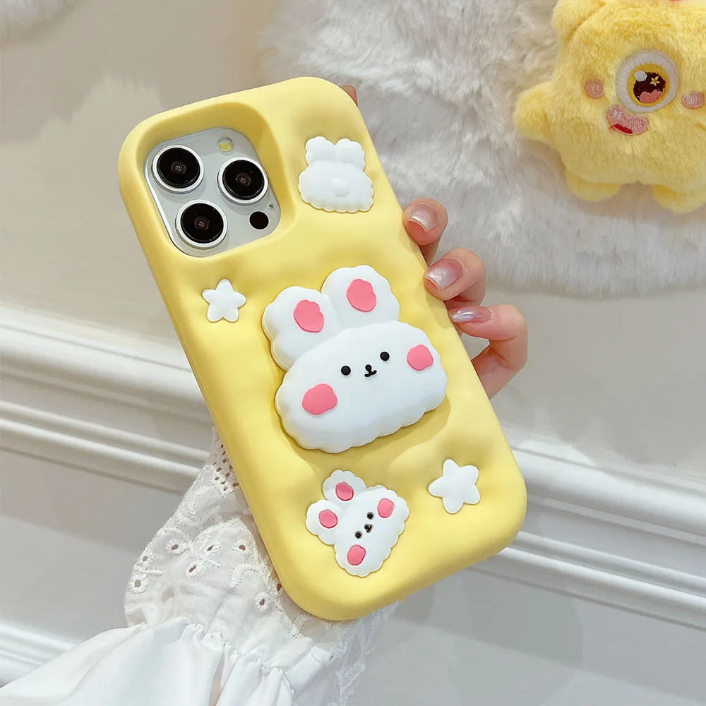 Cute Phone Cases - 3D Rabbit Folding Silicone Stand Cover for iPhone 15/14/13/12/11 Pro Max - TSP286