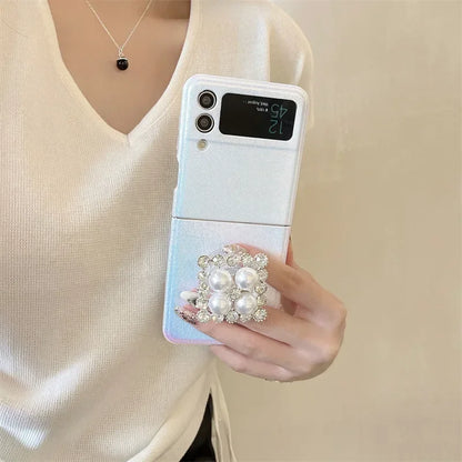 Cute phone Cases For Galaxy Z Flip 5 3 4 - Luxury Pearl Rhinestone Glitter Laser Cover with Wristchain - C5220