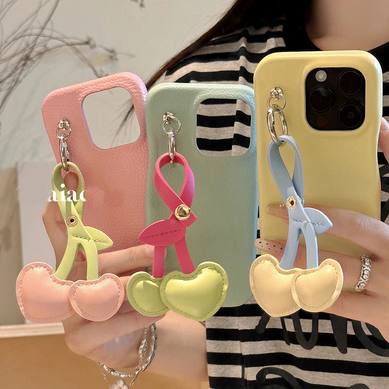 Cute Phone Cases for iPhone 15, 14, 13, 12, and 11 Pro Max - Candy Color, 3D Bow Cherry Pendant - TSP468