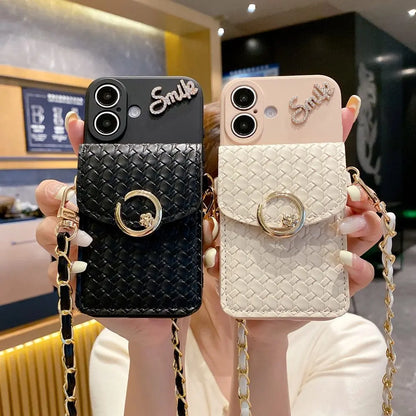 Cute Phone Cases for iPhone 16, 11, 12, 13, 14, 15 Pro Max - Woven Pattern - Wallet Card Holder with Lanyard Cover - NU415