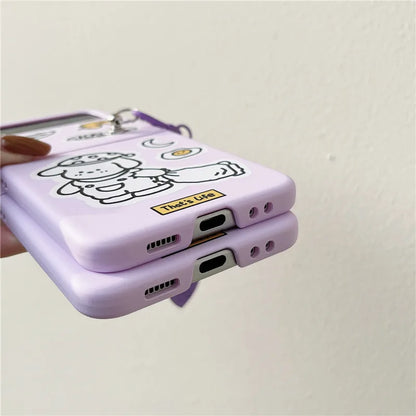 TSP76 Cute Phone Cases For Galaxy Z Flip 3 4 Flip4 5G - Cartoon Purple Cover With Lanyard