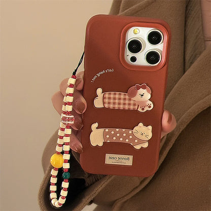 Cute Phone Case for iPhone 16, 15, 14, 13, and 12 Pro Models – Cartoon 3D Polka Dot Lattice Dog &amp; Cat – TSP437