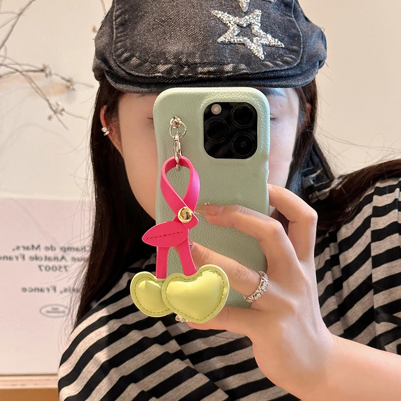 Cute Phone Cases for iPhone 15, 14, 13, 12, and 11 Pro Max - Candy Color, 3D Bow Cherry Pendant - TSP468