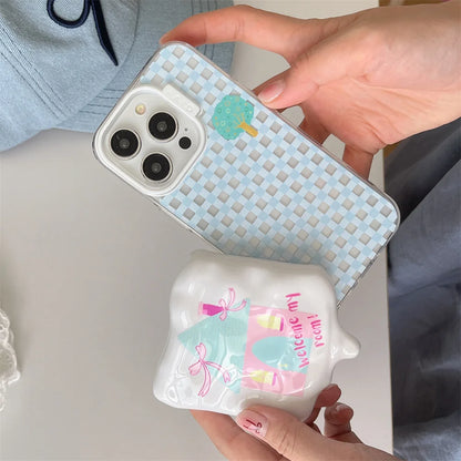 Cute Phone Cases for iPhone 15, 14, 13, and 12 Pro Max - 3D Melted Ice Cream 2-in-1 Blue Plaid House - TSP336