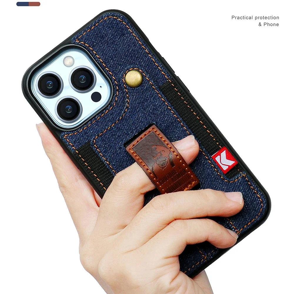 TSP81 Cute Phone Cases For iPhone 14 Pro Max, 13, and 12 Plus - With Card Pocket and Finger Holder - Denim Cover