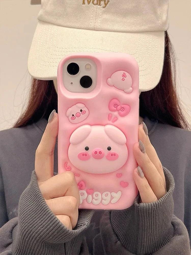 Cute Phone Cases for iPhone 15 Pro Max, 14, 13, 12, and 11 - Funny Pig Piggy, Telescopic Bracket - TSP284