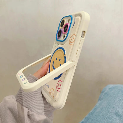 Invisible Bracket Cartoon Smile Leather Cute Phone Case for iPhone 11-15 Pro Max Plus