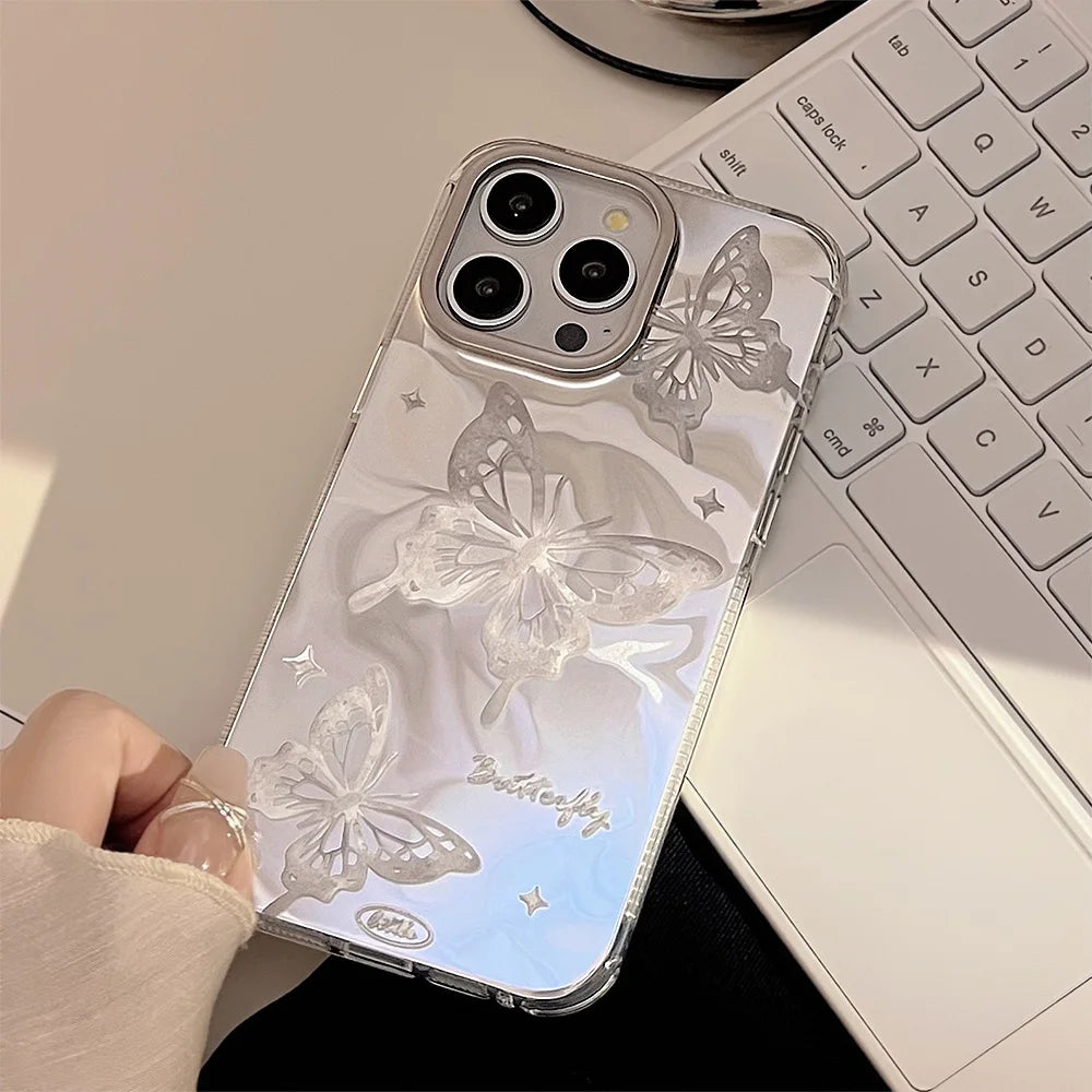 Cute Phone Cases For iPhone 15, 14, 13, 12 Pro Max, 14 Plus - Plating Water Ripple Butterfly Bumper Cover - PC2120