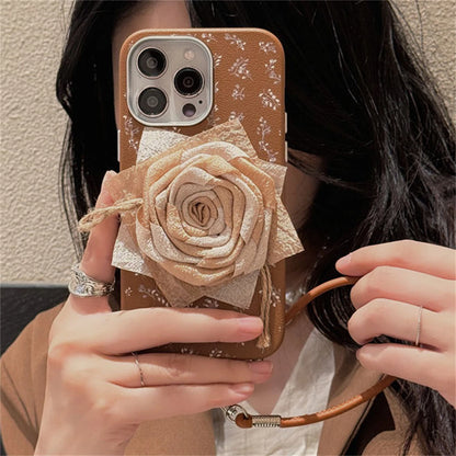 Cute Phone Cases for iPhone 13, 14, 15, or 16 Pro Max with Wristband - Vintage 3D Rose Pattern - TSP438