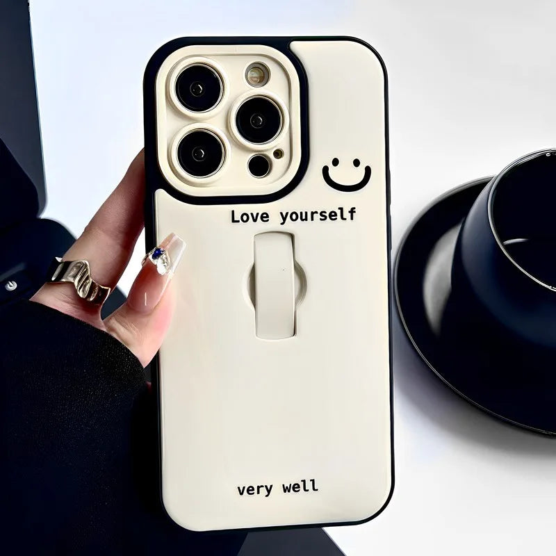 Cute Phone Cases: Cartoon Smile Words Ring Holder for iPhone 11-15 Pro Max - TSP318