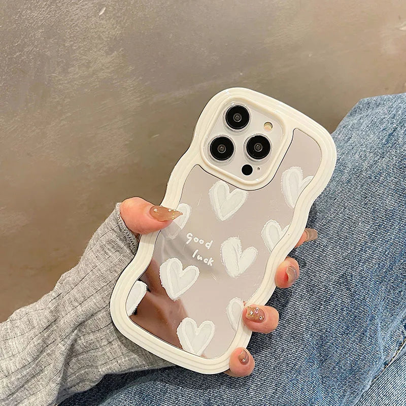 Korean White Heart Makeup Mirror Cute Phone Cases For iPhone 14 Pro Max 13 11 12 14 Plus XS X XR