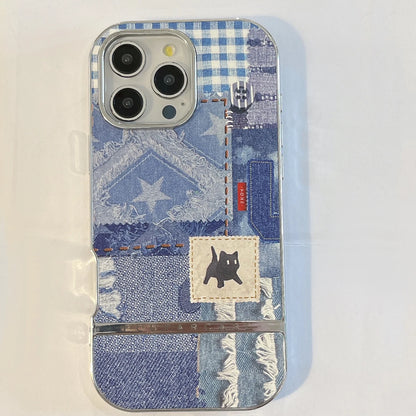 Cute Phone Cases For iPhone 16, 15, 14, 13 Pro Max - Splicing Denim Cloth Little Cat Pattern - Back Cover with Wrist Strap - PC6320