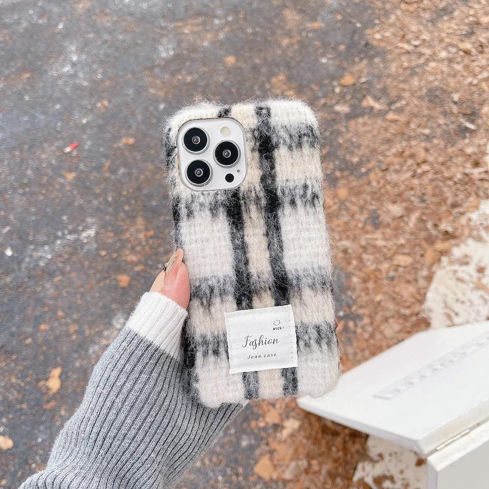 TSP80 Cute Phone Cases For iPhone 15, 11, 14 Pro Max, and 13, 12 - Stylish Woolen Plush Plaid Cover