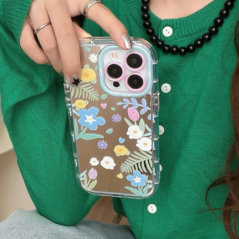 Cute Phone Cases - Floral Makeup Mirror with Stand for iPhone 15/14/13/12 Pro Max - TSP287