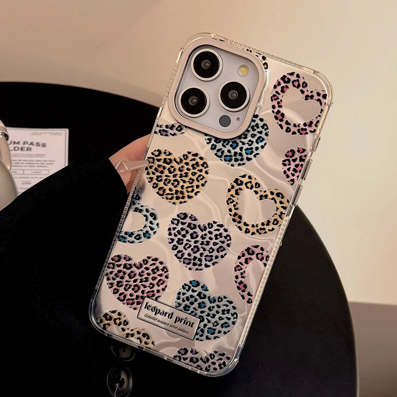 Cute Phone Cases: Leopard Print Love Heart IMD Silicone for iPhone 12-15 Pro Max - TSP299