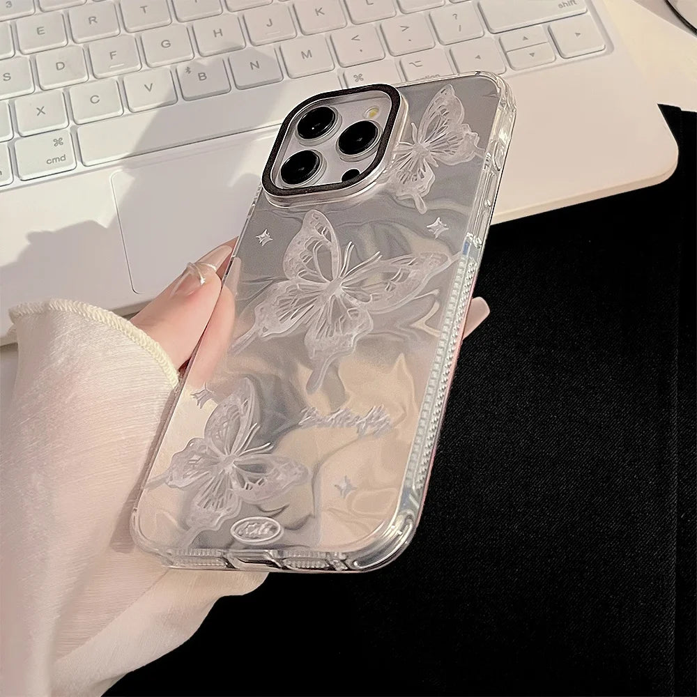 Cute Phone Cases For iPhone 15, 14, 13, 12 Pro Max, 14 Plus - Plating Water Ripple Butterfly Bumper Cover - PC2120