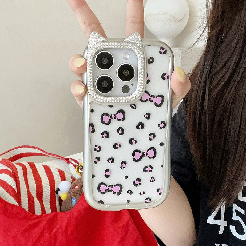 Cute Phone Cases: Leopard Bowknot Cat Ear Silver Case for iPhone 15/14/13/12 Pro Max - TSP313