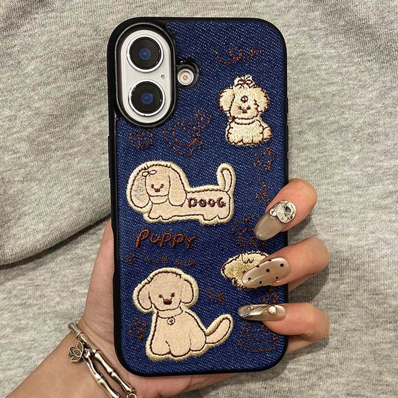 Cute Phone Cases For iPhone 16 Pro Max, 15, 13, 14, 12, 11 - Cartoon Embroidered Dog - Fabric Back Cover - PC9410 - Touchy Style