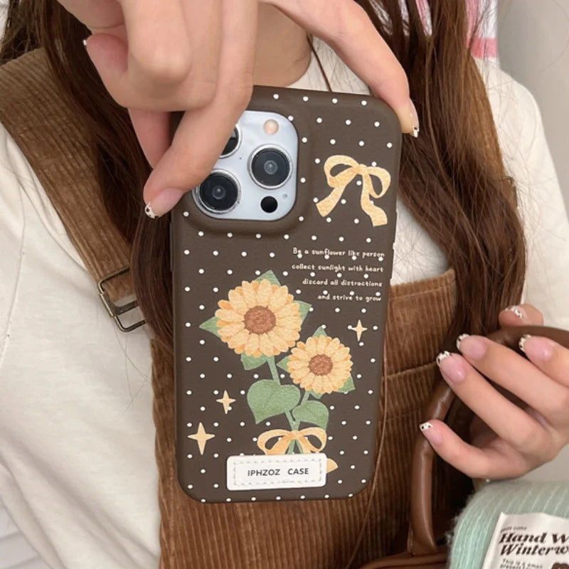 Cute Phone Cases for iPhone 16, 15, 14, 13, and 12 Pro Max - Polka Dots with Flowers - Leather Covers - TSP332