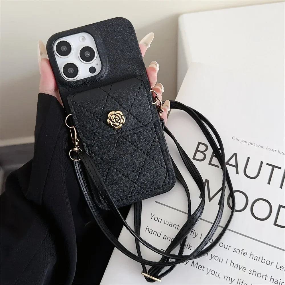 Cute Phone Cases for iPhone 16 Pro Max, 15, 14 Plus, 13, 12, 11, XS, XR, X - Crossbody Lanyard Leather Cover - PC02