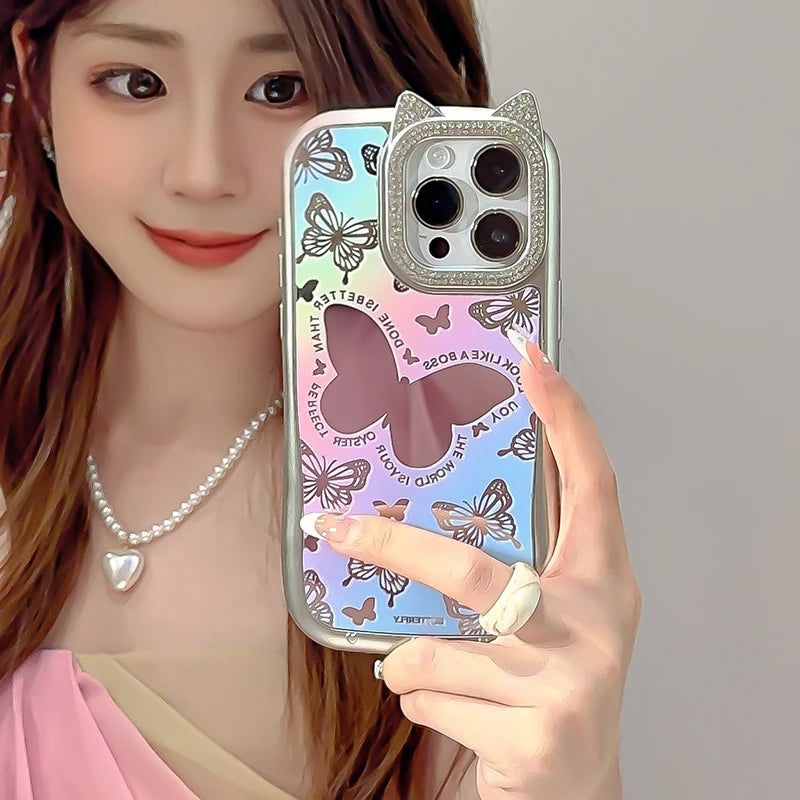 Cute Phone Cases: Lovely Butterfly Silver Mirror Back Cover with Cat Ears for iPhone 11-15 Pro Max - TSP288