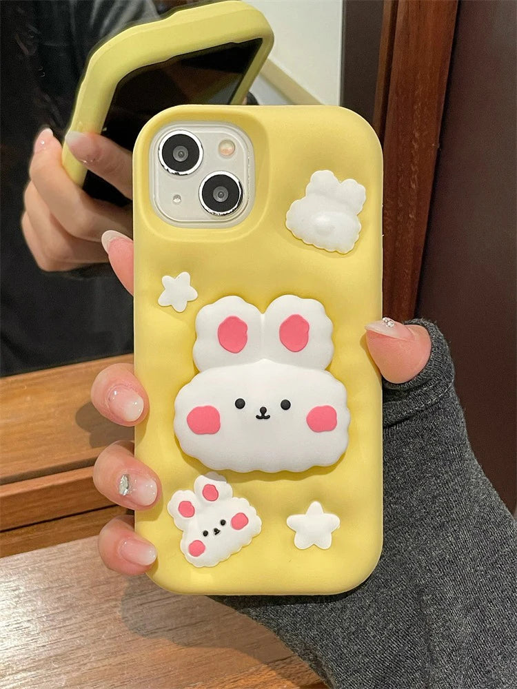 Cute Phone Cases - 3D Rabbit Folding Silicone Stand Cover for iPhone 15/14/13/12/11 Pro Max - TSP286