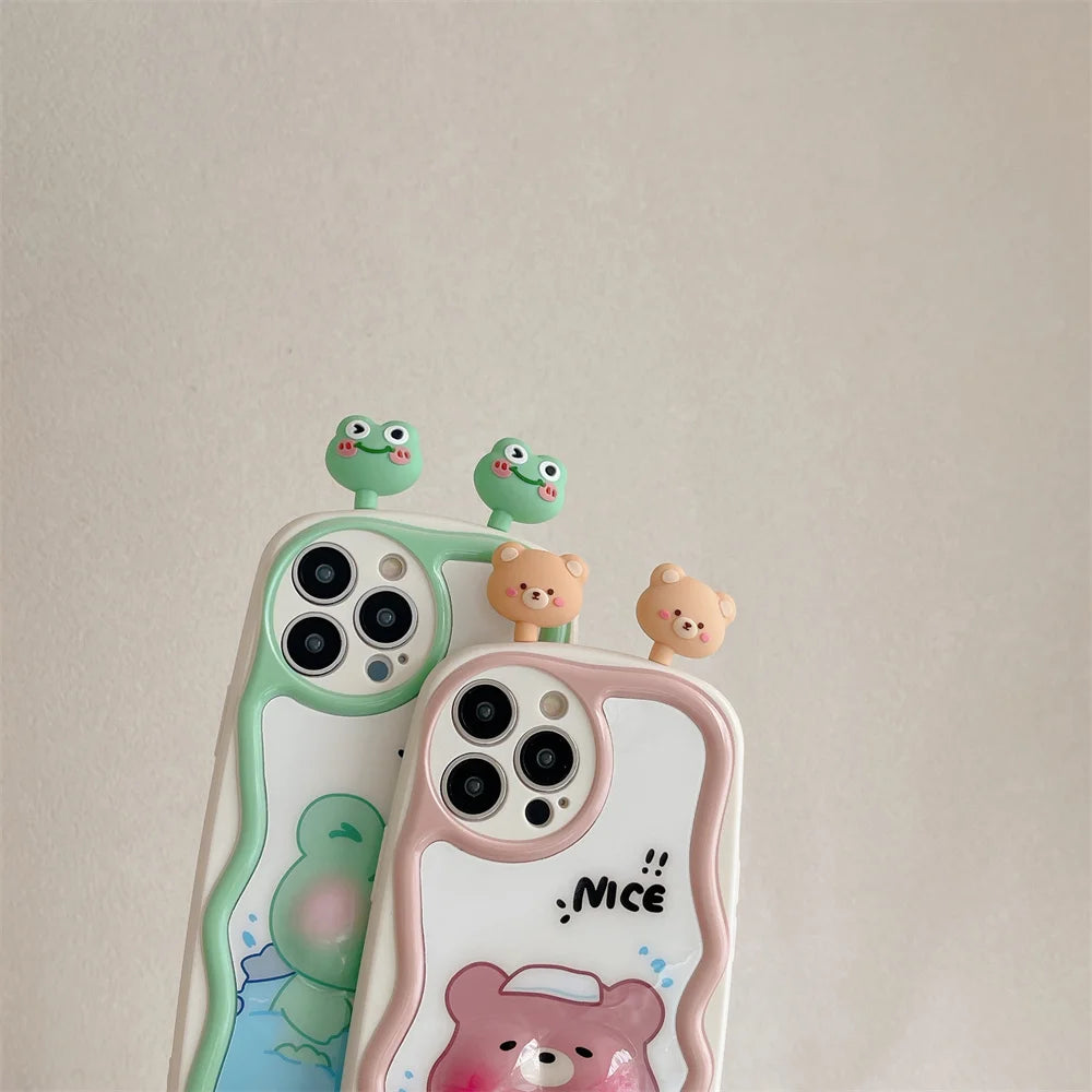 TSP88 Cute Phone Cases For iPhone 11, 12, 13, 14, 15 Pro Max - 3D Swimming Bear Frog Pattern - Wavy Cover