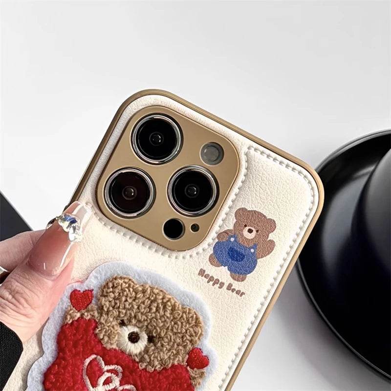 Cute Phone Cases For iPhone 16 Pro Max, 15, 13, 14 - Embroidered Heart &amp; Bear Pattern - Leather Cover - PC1421 - Touchy Style