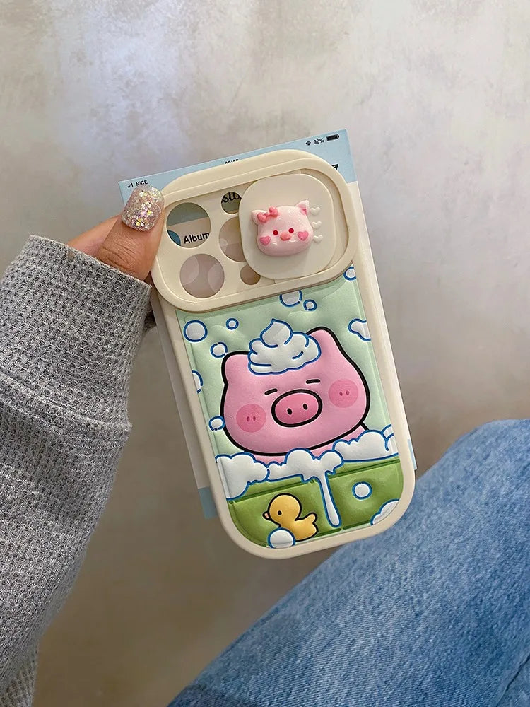 Cute Phone Cases: Cartoon Pig Lens Protector Case with Bracelet for iPhone 15/14/13/12 Pro Max - TSP314