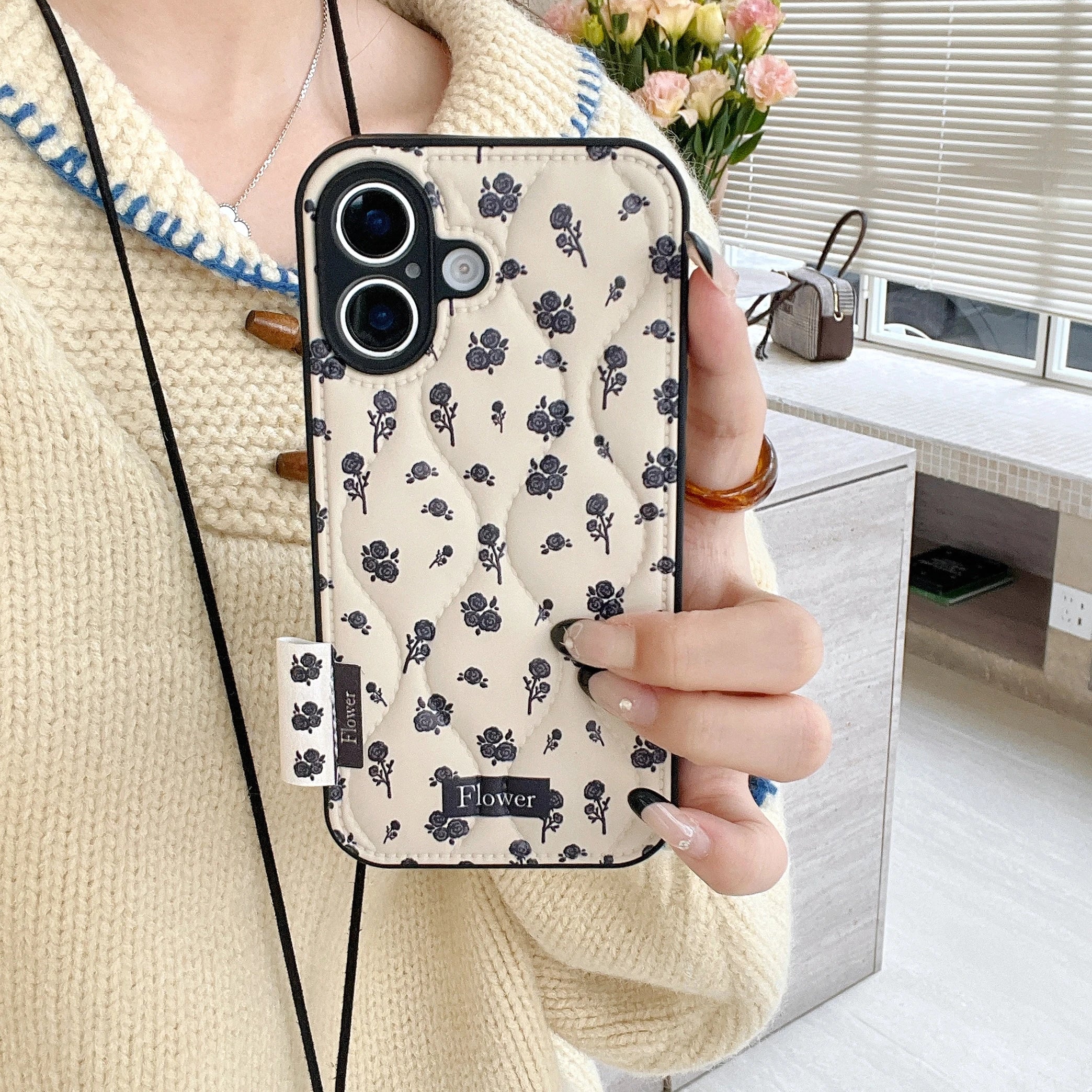 Cute Phone Cases for iPhone 16, 15, 14, 13 Pro Max - Winter Vibe Cotton Stuffed Black Roses Pattern - Chic Back Cover - PC1320