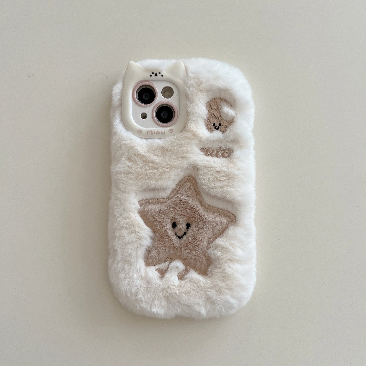 Cute Phone Cases For iPhone 16, 15, 14, 13 Pro Max - Cartoon Star &amp; Moon Fluffy Embroidery Cat Ear Lens Frame - PC9420