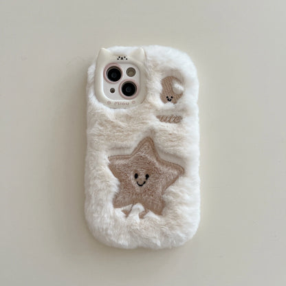 Cute Phone Cases For iPhone 16, 15, 14, 13 Pro Max - Cartoon Star &amp; Moon Fluffy Embroidery Cat Ear Lens Frame - PC9420