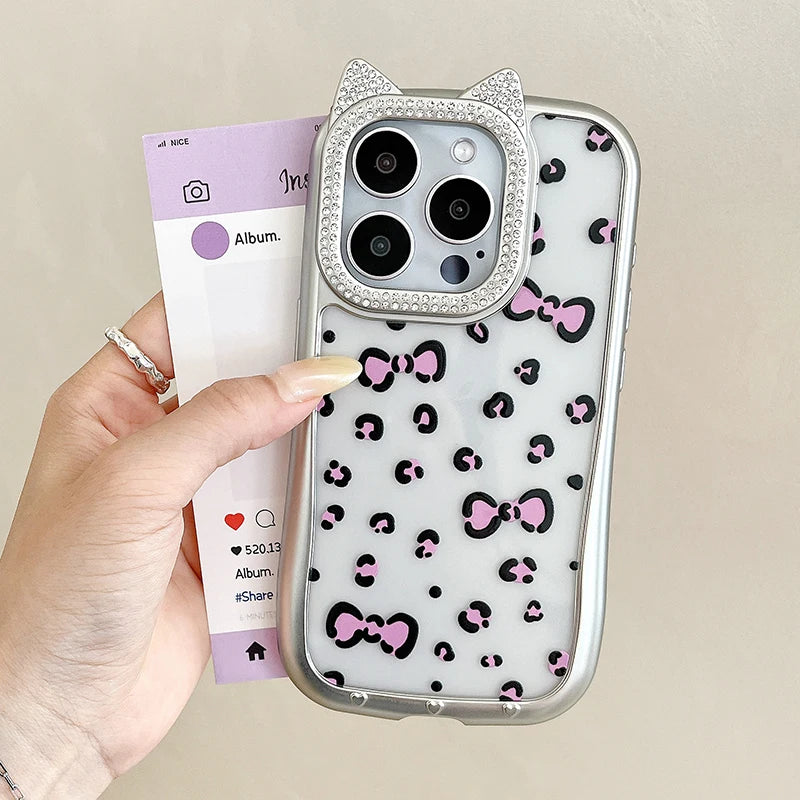 Cute Phone Cases: Leopard Bowknot Cat Ear Silver Case for iPhone 15/14/13/12 Pro Max - TSP313