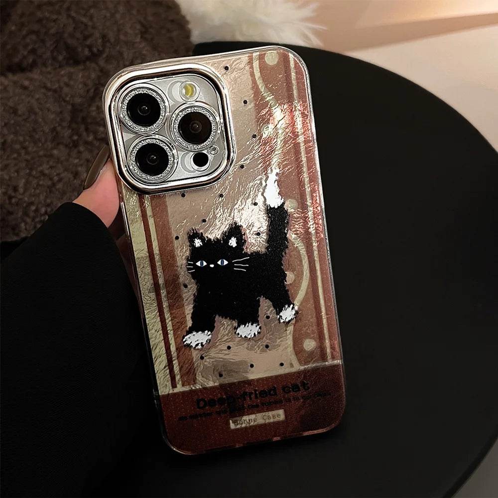 Cute Phone Cases For iPhone 16, 15, 14, 13, 12, 11 Pro Max - Anger Black Cat Plating Tin Foil Pattern - Cartoon Cover - CC6420