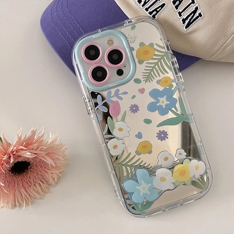 Cute Phone Cases - Floral Makeup Mirror with Stand for iPhone 15/14/13/12 Pro Max - TSP287