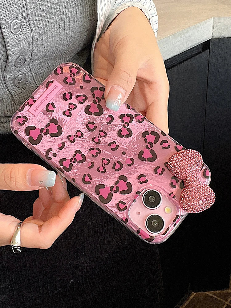 Cute Phone Cases: Stylish Leopard 3D Glitter Bow for iPhone 11-15 Pro Max - TSP317