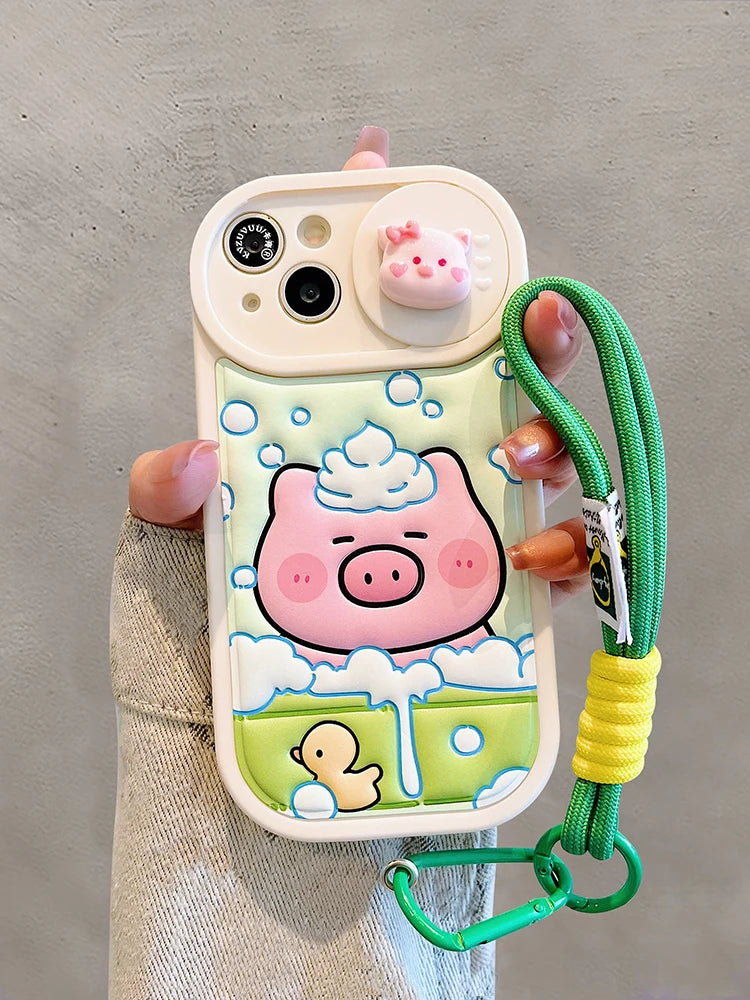 Cute Phone Cases: Cartoon Pig Lens Protector Case with Bracelet for iPhone 15/14/13/12 Pro Max - TSP314