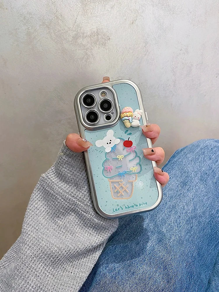 Cute Phone Cases: Sweet Ice Cream Bunny Silver Bumper for iPhone 15/14/13/12 Pro Max - TSP315