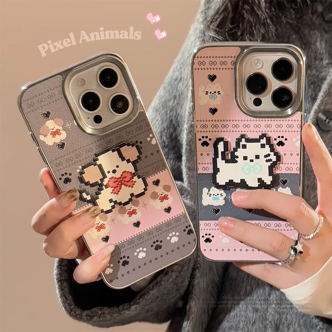 Cute Phone Cases For iPhone 16, 15, 14, 13, 12, 11 Pro Max - Pet Cat, Puppy Pixel Stick Plating Art - IC4050