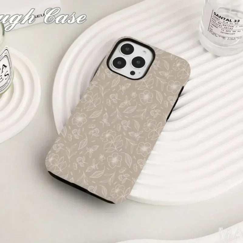 Cute Phone Cases For iPhone 16ProMax, 15, 14, 13, 12, 11 PRO, 11 Plus - Beige Retro Floret - Acrylic TPU Cover - IC3480