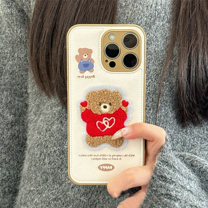 Cute Phone Cases For iPhone 16 Pro Max, 15, 13, 14 - Embroidered Heart &amp; Bear Pattern - Leather Cover - PC1421 - Touchy Style