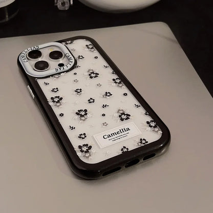 Cute Phone Cases For iPhone 16, 15, 14, 13, 12, 11 Pro Max, Xr, 15, 16 Plus - Black Camellia Flowers - Transparent Cover - IC3040