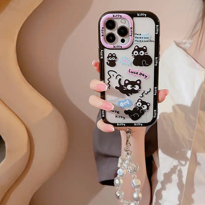 Cute Phone Cases For iPhone 16, 15, 14, 13, 12, 11 Pro Max, Xr, 16 Plus - Funny Black Cat Cartoon Cover with Wristchain - IC9420