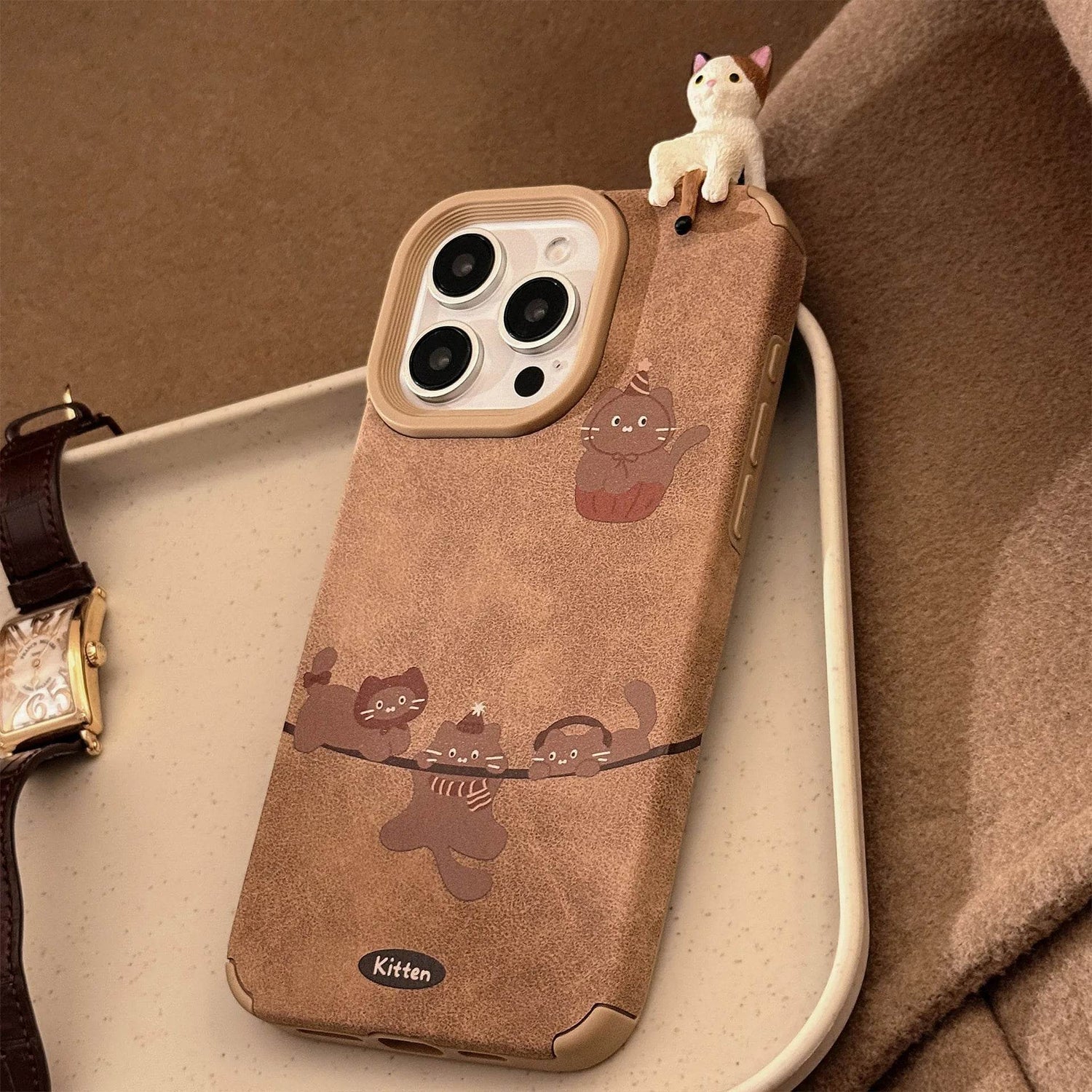 Cute Phone Cases For iPhone 16, 15, 14, 13, 12, 11 Pro Max - Kitten Cat Doll - Suede leather Cartoon Soft Cover - CC5140 - Touchy Style