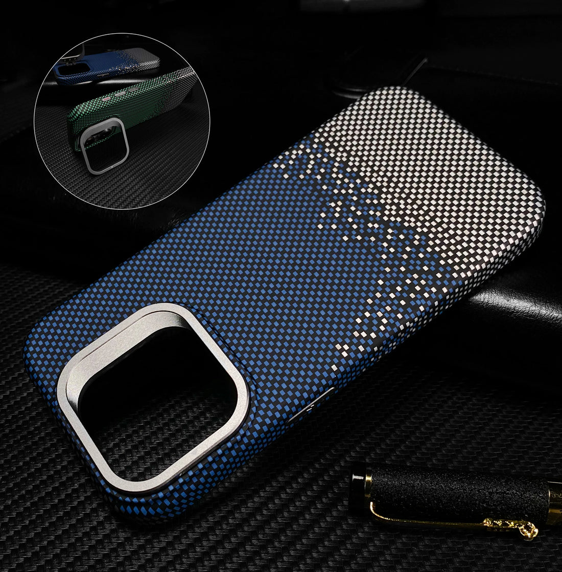 Cute Phone Cases For iPhone 16, 15, 14, and 13 Pro Max - Metal Holder, Silver Sand Carbon Fiber Pattern - TSP413