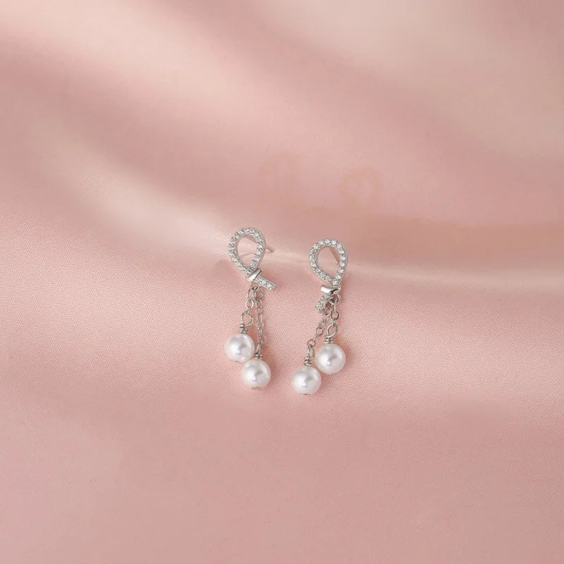 925 Sterling Silver Earring Charm Jewelry - Pearl Tassels Chain Sweet Bow - E6420