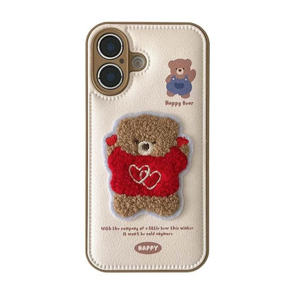 Cute Phone Cases For iPhone 16 Pro Max, 15, 13, 14 - Embroidered Heart &amp; Bear Pattern - Leather Cover - PC1421 - Touchy Style