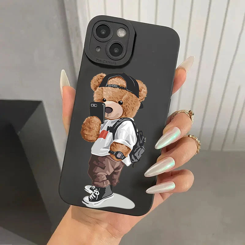 Cute Phone Cases For iPhone 16 15 14 13 12 11 Pro Max XS X XR 7 8 Plus SE 2020 - Bear Graphic Pattern - Soft Silicone Bumper Cover