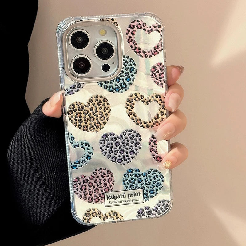 Cute Phone Cases: Leopard Print Love Heart IMD Silicone for iPhone 12-15 Pro Max - TSP299